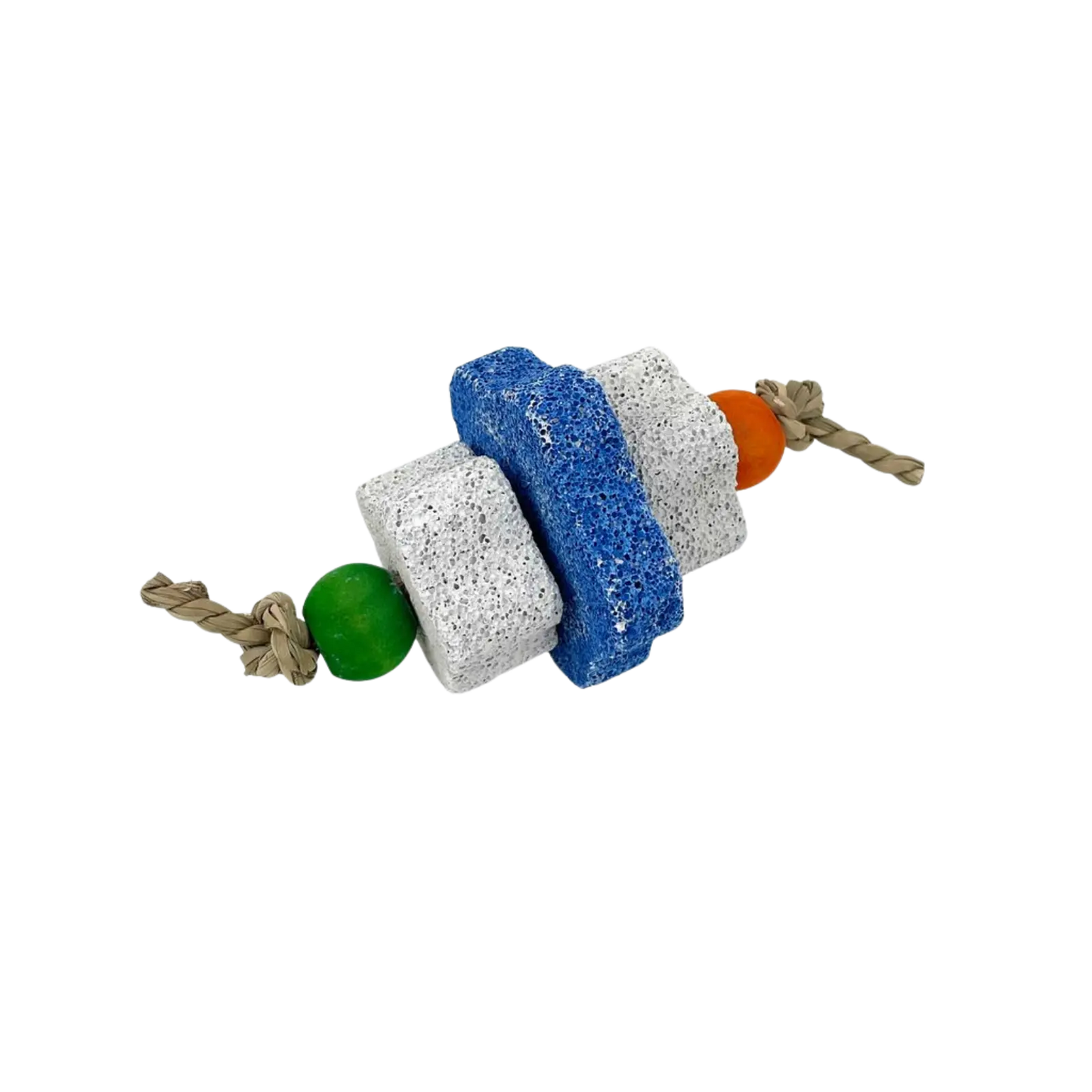 A small animal or bird chew toy made of natural cork blocks in white and blue, threaded with a beige rope and colorful beads in green and orange, on a plain white background.