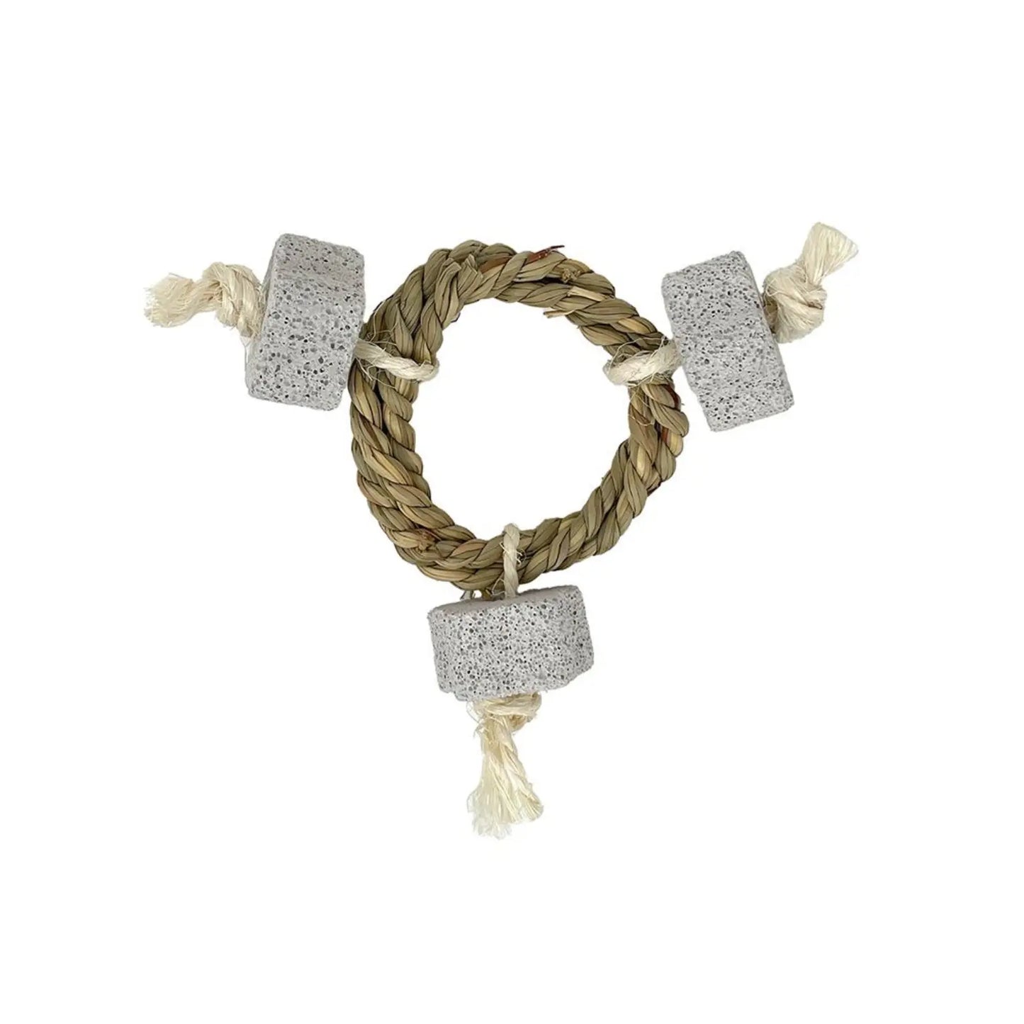 A natural fiber rope small animal or bird toy with three textured gray stone-like cubes and cream-colored rope ends, shown on a plain white background.