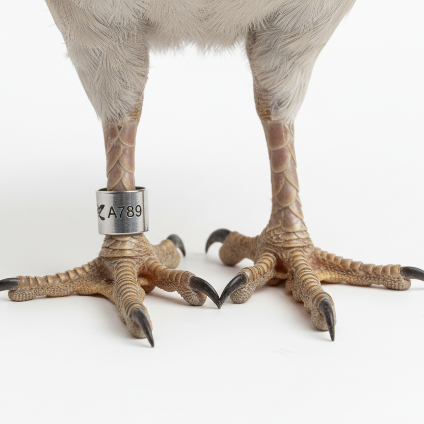 bird legs with 1 leg band on one of its legs with a white background