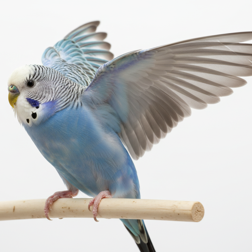 pet bird sitting with one wing open with white background