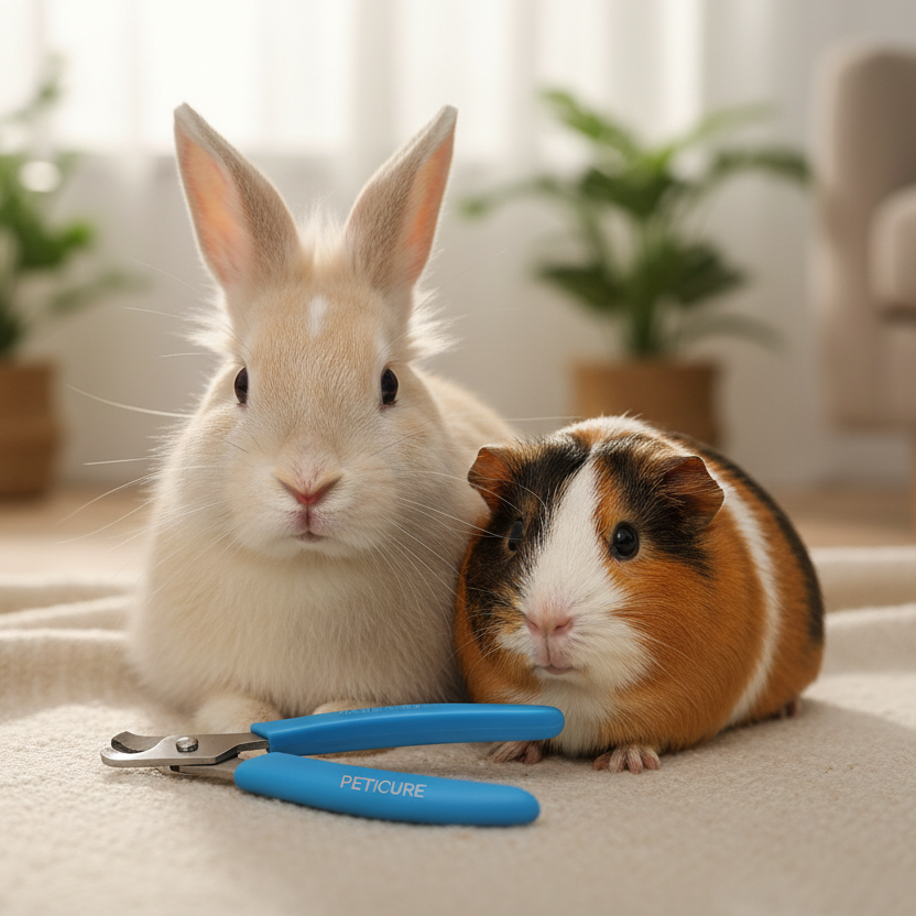 pet rabbit and guinea pig sitting next to eachother with a set of pet nail clippers infront of them