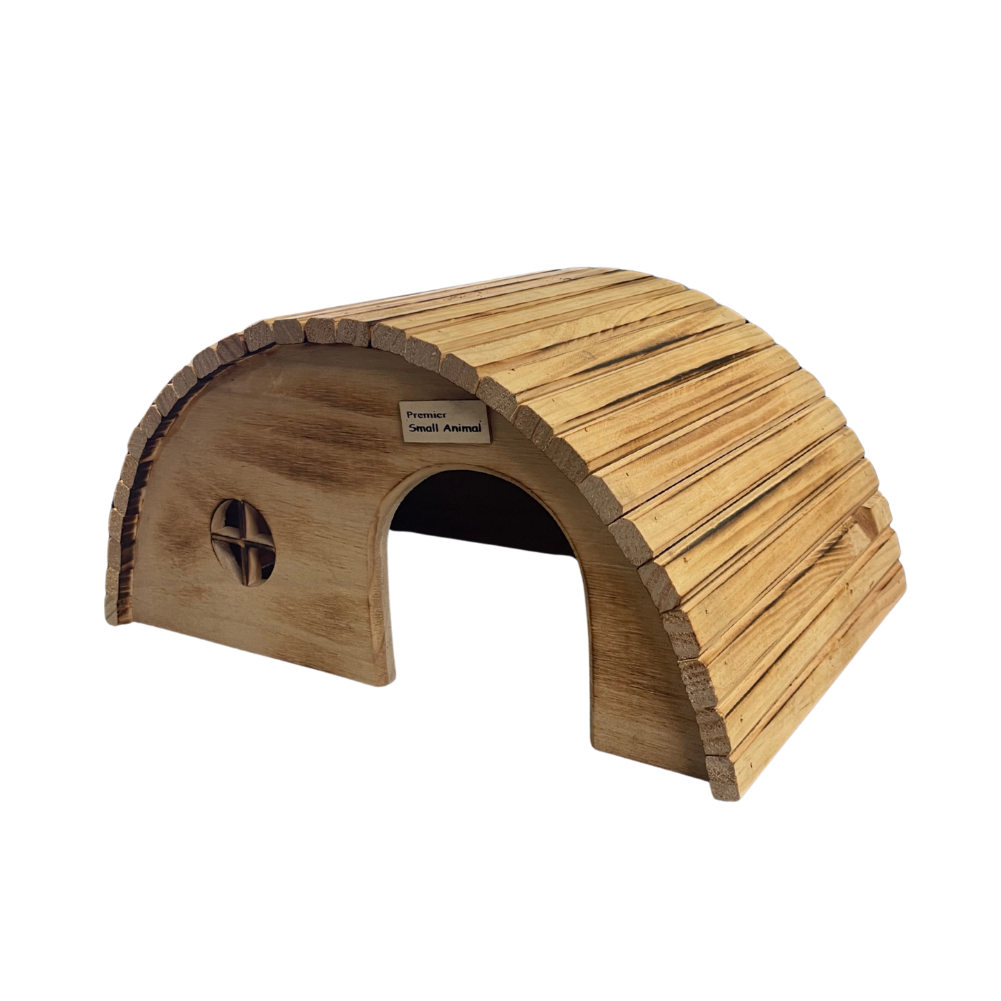A small wooden animal hide shelter with a slatted arched roof, featuring a circular window cutout on the front and a small label that reads 'Fisher / Small Animal'.