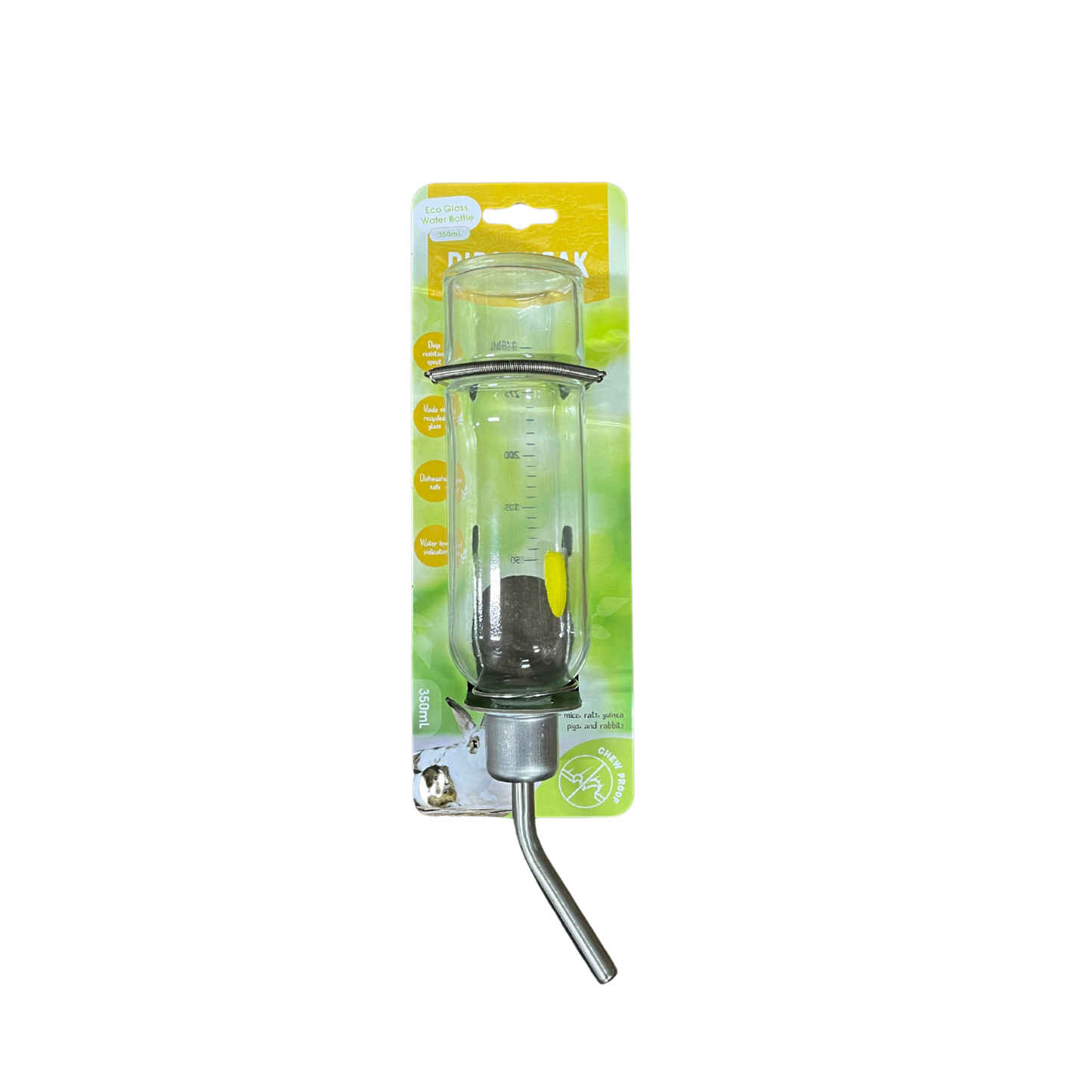 A packaged pet water bottle feeder with a clear glass measuring cylinder, metal collar, and angled metal tube, mounted on a green and yellow retail card.