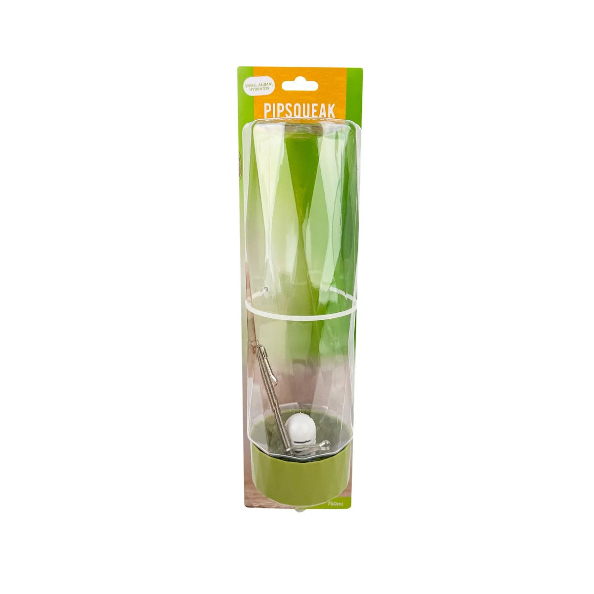 Pipsqueak brand green plastic piperchaucer in its original retail packaging, featuring a clear cylindrical body with a green base and metal percolator.