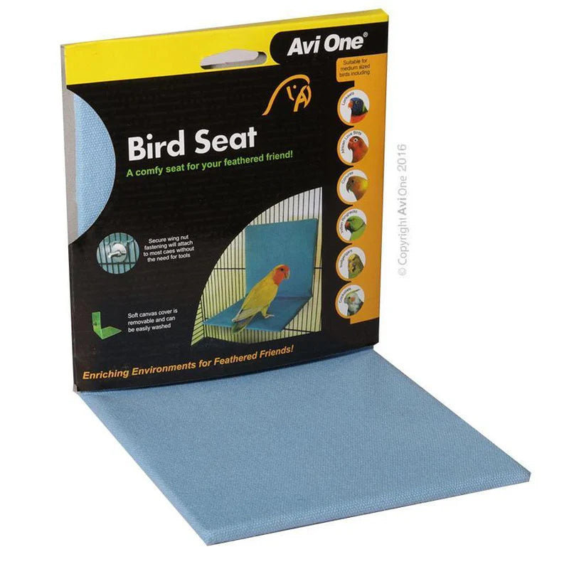 A Avi One Bird Seat soft comfy pad in light blue, shown partially unfolded in front of its retail packaging box on a white background.