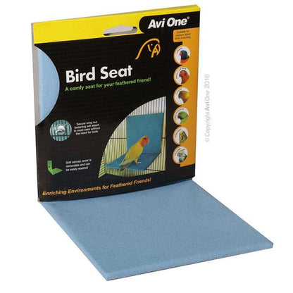 A Avi One Bird Seat soft comfy pad in light blue, shown partially unfolded in front of its retail packaging box on a white background.