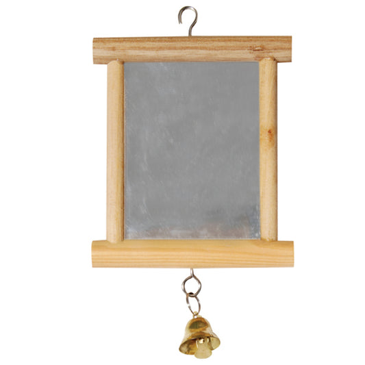 A wooden hanging wall mirror with a natural pine frame and a small brass bell hanging below the frame, shown against a plain white background.