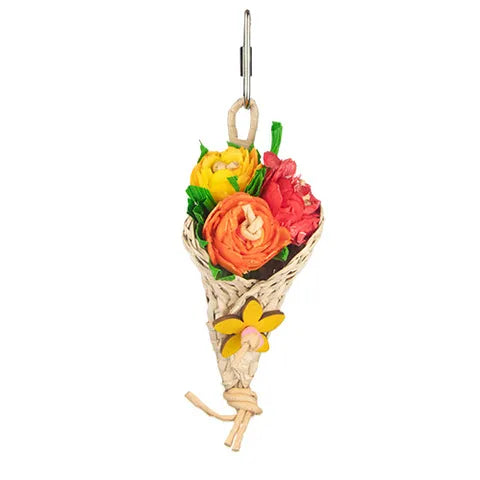 A hanging bird toy shaped like a small bouquet of artificial flowers wrapped in woven material, with a metal clip at the top. The flowers are yellow, orange, and red with green leaves, and there is a small yellow flower near the base.