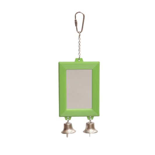 A green rectangular hanging mirror with a silver reflective center, suspended by a chain from a metal carabiner, with two small silver bells below.