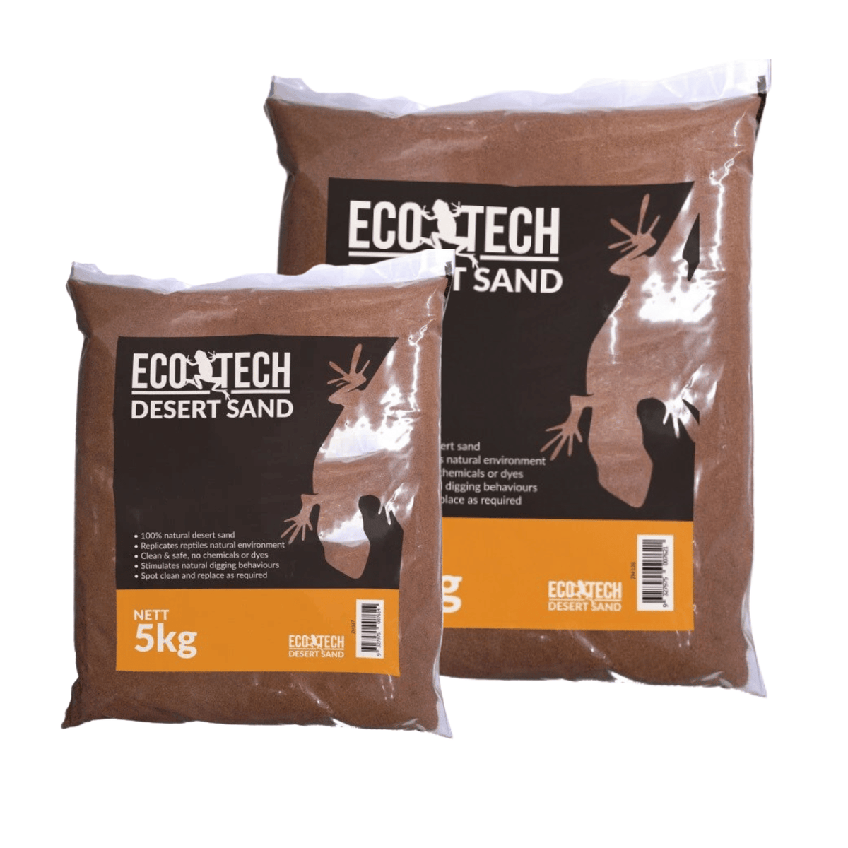 Two bags of Eco-Tech Desert Sand, one 5kg bag in front of a larger 10kg bag, on a plain white background.