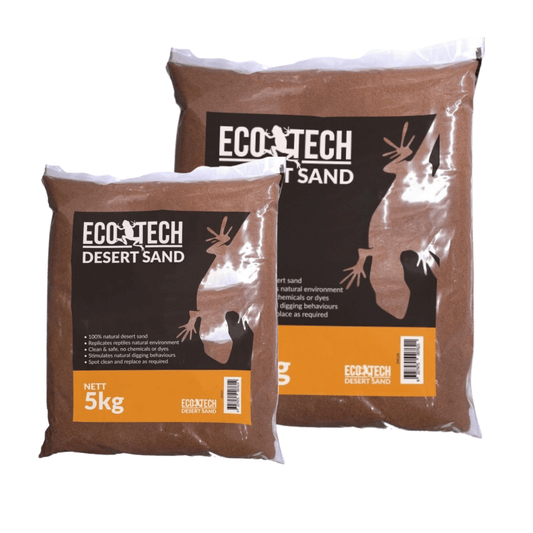 Two bags of Eco-Tech Desert Sand, one 5kg bag in front of a larger 10kg bag, on a plain white background.