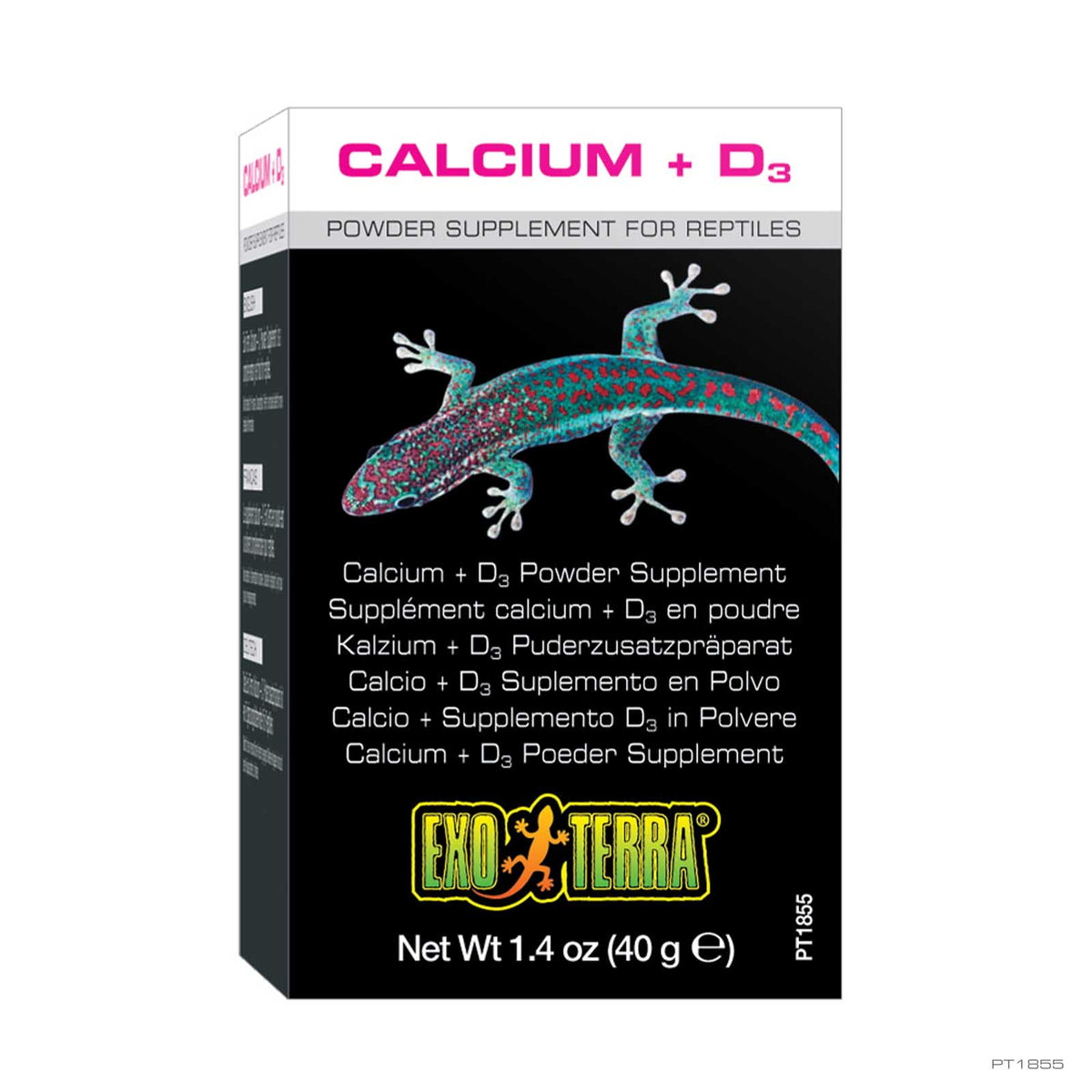 Exo Terra Calcium + D3 Powder Supplement for reptiles in a black box with a colorful gecko illustration and pink and green branding.