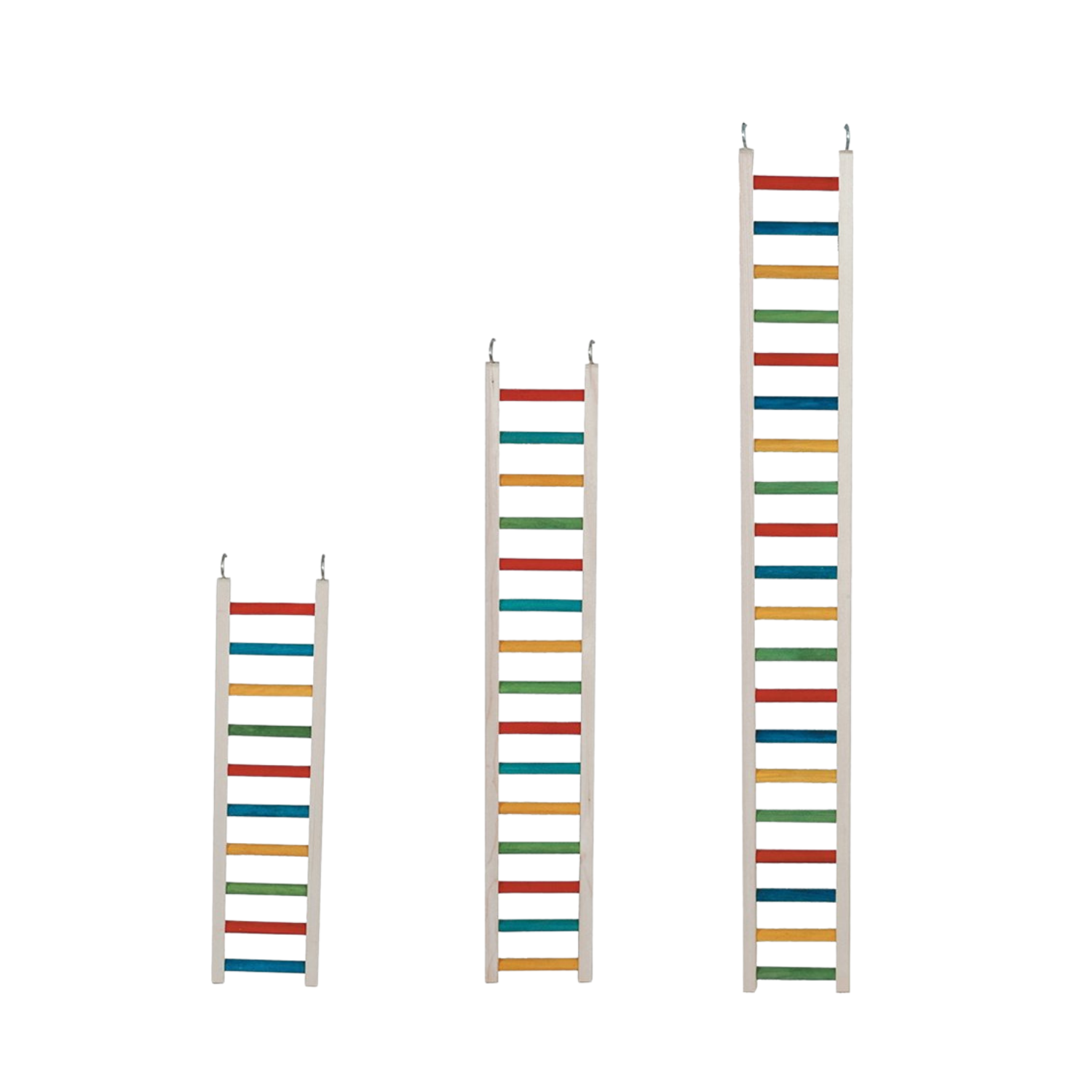 Three wooden wall ladder-style shelves or racks in ascending sizes, each with multicolored horizontal slats and small metal hanging hooks at the top, shown on a plain white background.