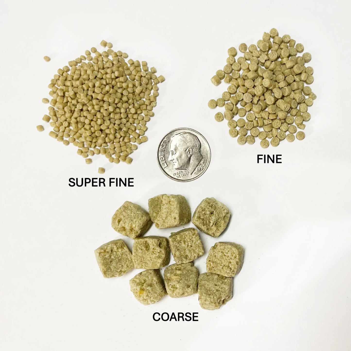 Three piles of harrisons pellets shown on a white background: super fine granules, fine granules, and coarse cubes, with a U.S.
