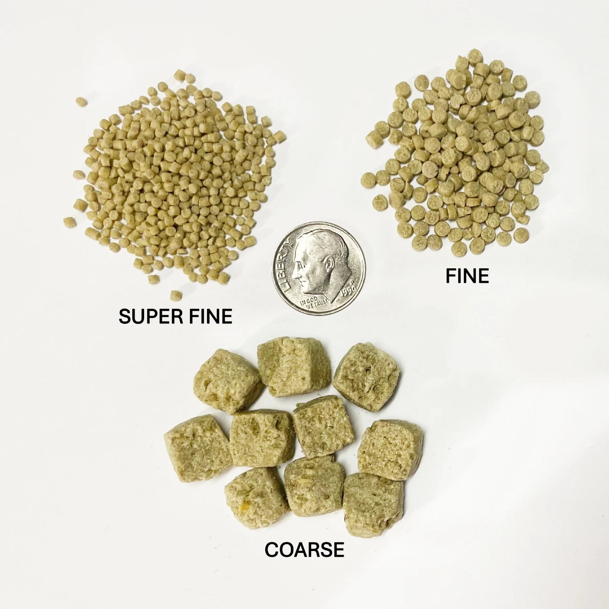Three piles of harrisons pellets shown on a white background: super fine granules, fine granules, and coarse cubes, with a U.S.