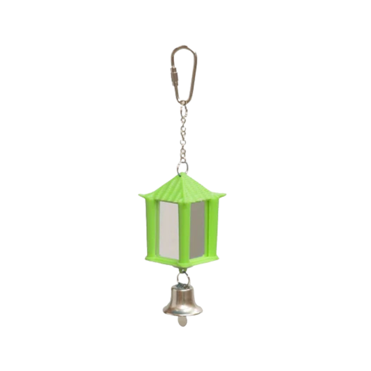 A small hanging lantern-shaped accessory with a bright green body, silver metal chain and carabiner, and a small silver bell at the bottom, shown on a plain white background.