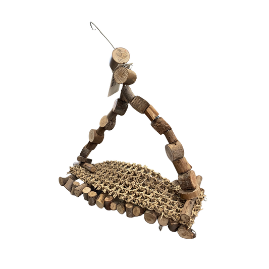A rustic wooden bird toy or hanging decoration made from natural wood cuttings and branches, with a knotted woven web-like element on a plain white background.