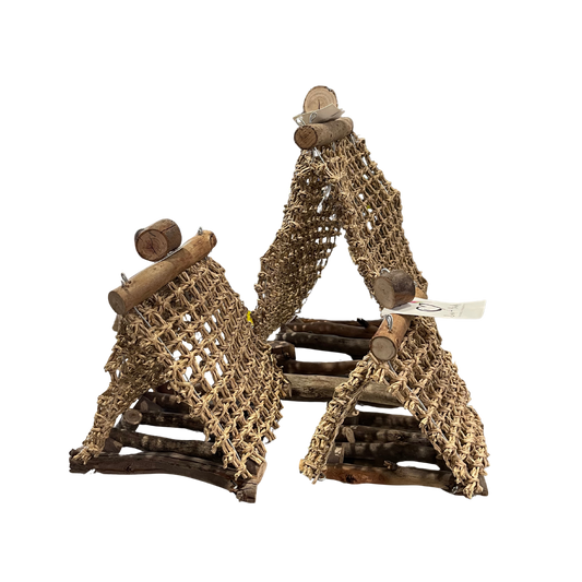 small natural wood and woven straw triangular climbing structures on a plain white background