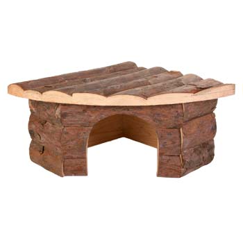 Wooden natural wooden pet house with a sloped roof on a white background