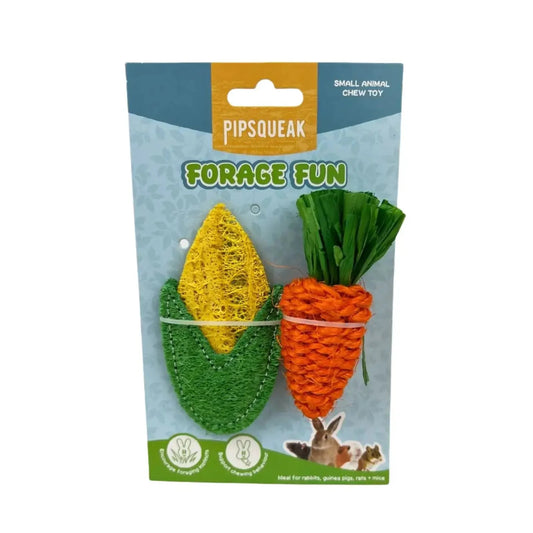 Pipsqueak Forage Fun small animal and bird chew toy package containing a yellow corn cob and an orange carrot toy with green grass, on a light blue card with rabbit illustrations.