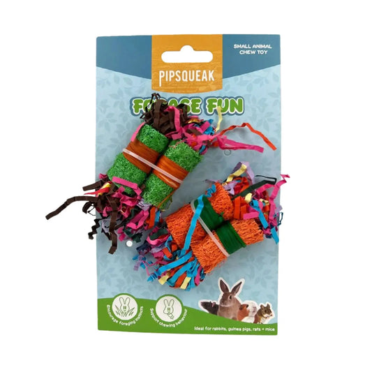Pipsqueak Freeze Fun small animal or bird chew toy in retail packaging, featuring two colorful grass-like rope chews with shredded paper tails on a blue and orange backing card.