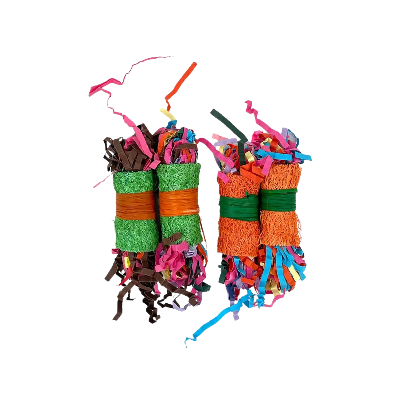 Two small bundles of shredded craft paper and ribbon pieces tied with colored bands, shown on a plain white background.