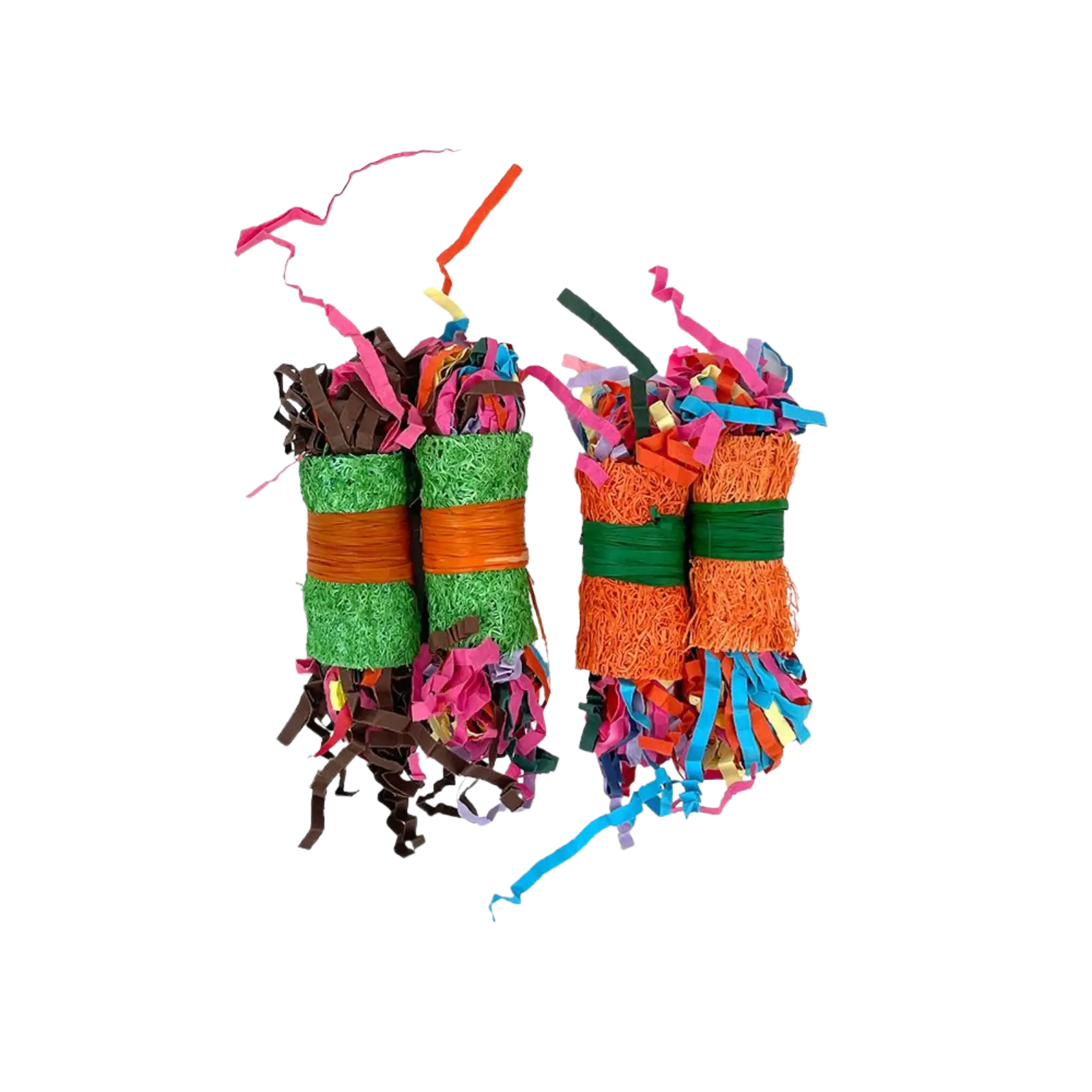 Two small bundles of shredded craft paper and ribbon pieces tied with colored bands, shown on a plain white background.