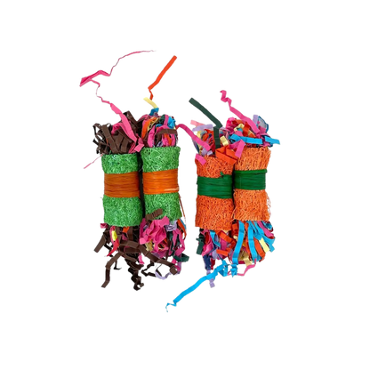 Two small bundles of shredded craft paper and ribbon pieces tied with colored bands, shown on a plain white background.