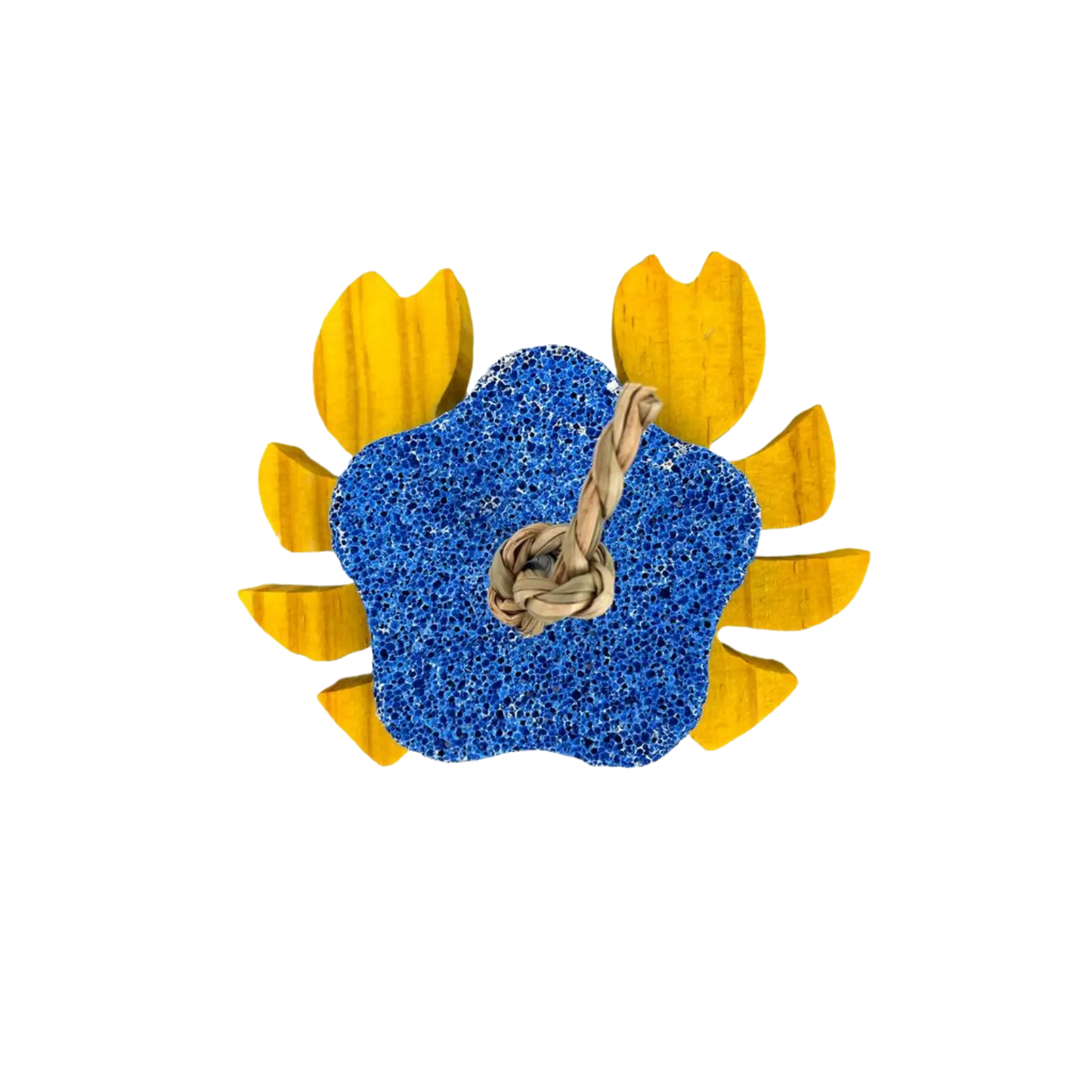 A small animal or bird chew toy featuring a textured blue center surrounded by eight curved yellow outer segments, with a twisted beige rope inside the blue center, isolated on a white background.