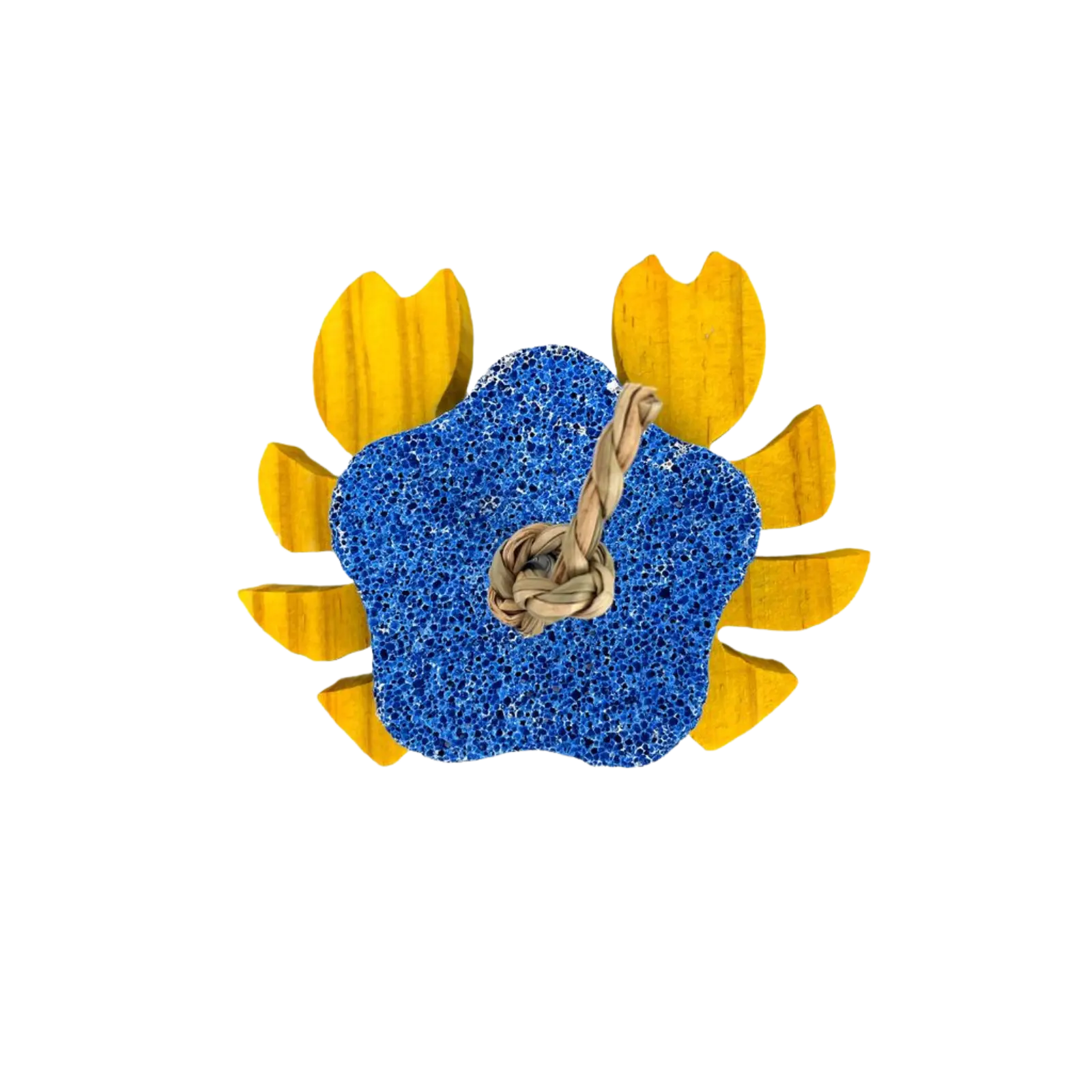 A small animal or bird chew toy featuring a textured blue center surrounded by eight curved yellow outer segments, with a twisted beige rope inside the blue center, isolated on a white background.