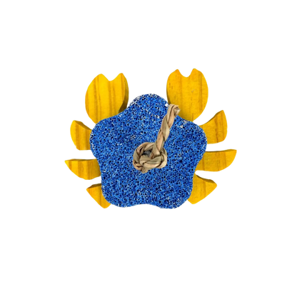 A small animal or bird chew toy featuring a textured blue center surrounded by eight curved yellow outer segments, with a twisted beige rope inside the blue center, isolated on a white background.