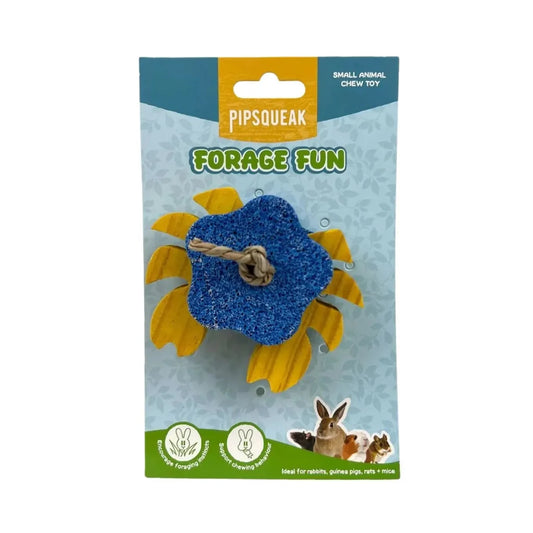 Pipsqueak Forage Fun small animal chew toy in its original retail packaging, featuring a blue glittery flower-shaped toy with yellow paper petals and a natural jute rope.