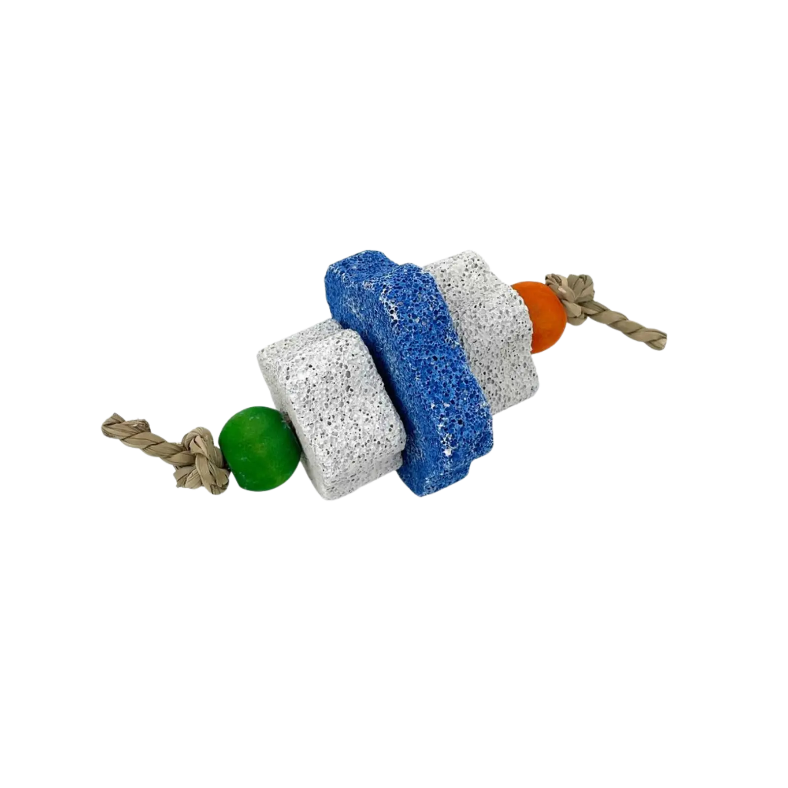 A small animal or bird chew toy made of natural cork blocks in white and blue, threaded with a beige rope and colorful beads in green and orange, on a plain white background.