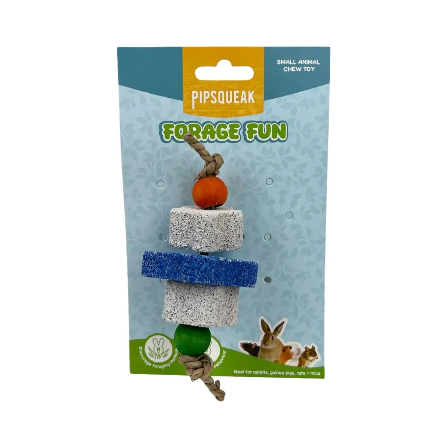 Pipsqueak Forage Fun small animal chew toy in retail packaging, featuring stacked natural wood, white sponge, blue sponge, and green bead components on a light blue card with bunny illustrations.