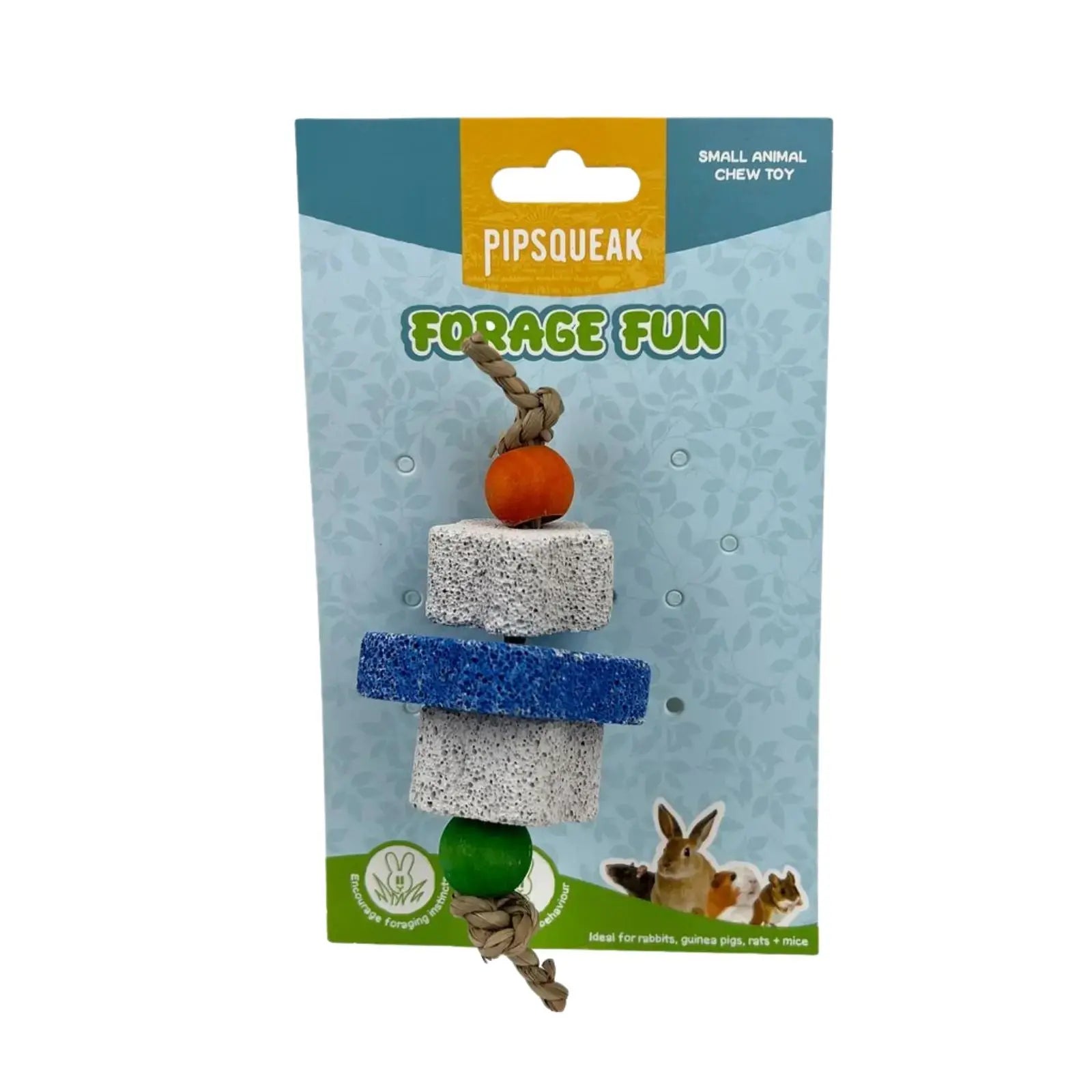 Pipsqueak Forage Fun small animal chew toy in retail packaging, featuring stacked natural wood, white sponge, blue sponge, and green bead components on a light blue card with bunny illustrations.