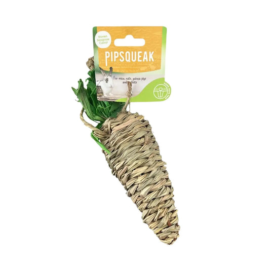 Pipsqueak natural grass carrot pet toy with green leafy top and a cardboard hanger, shown on a plain white background.