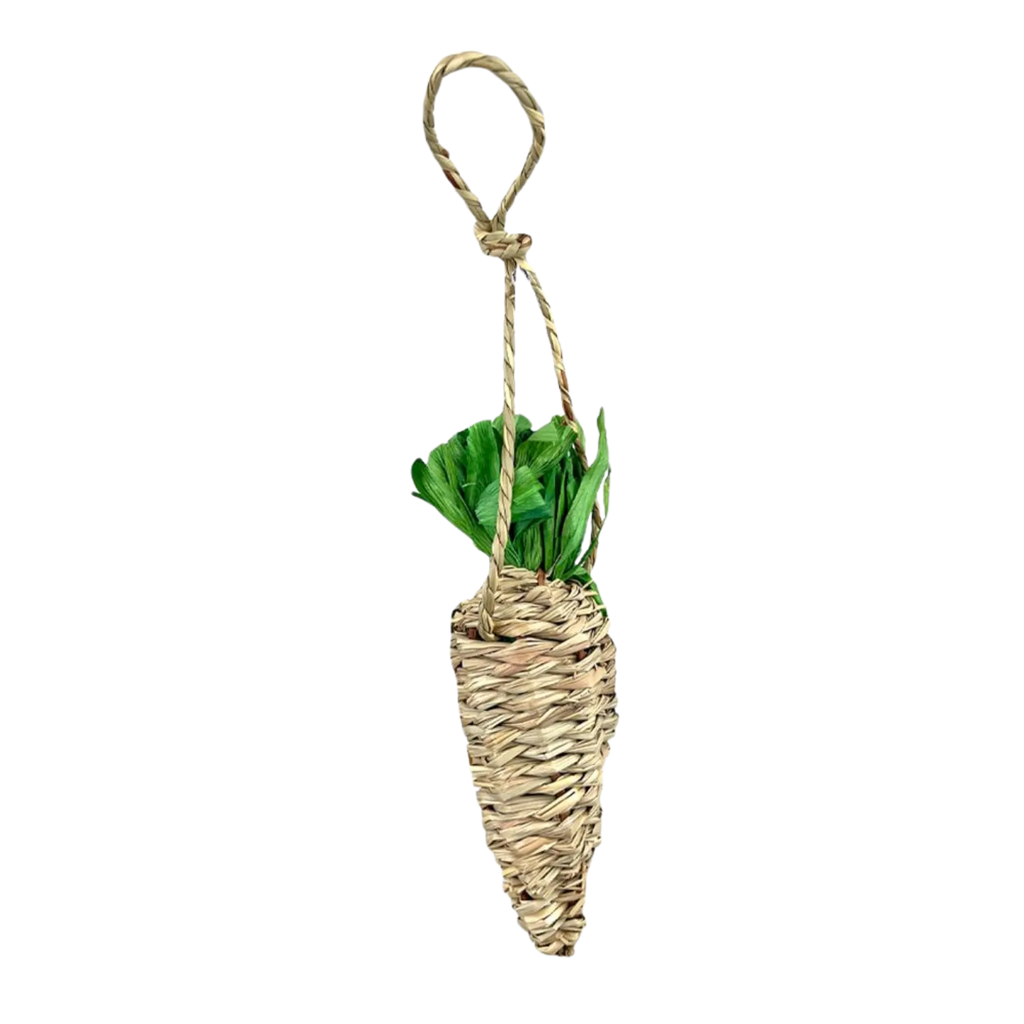 A woven natural-fiber hanging carrot toy with green leaf accents and a rope loop at the top, shown on a plain white background.