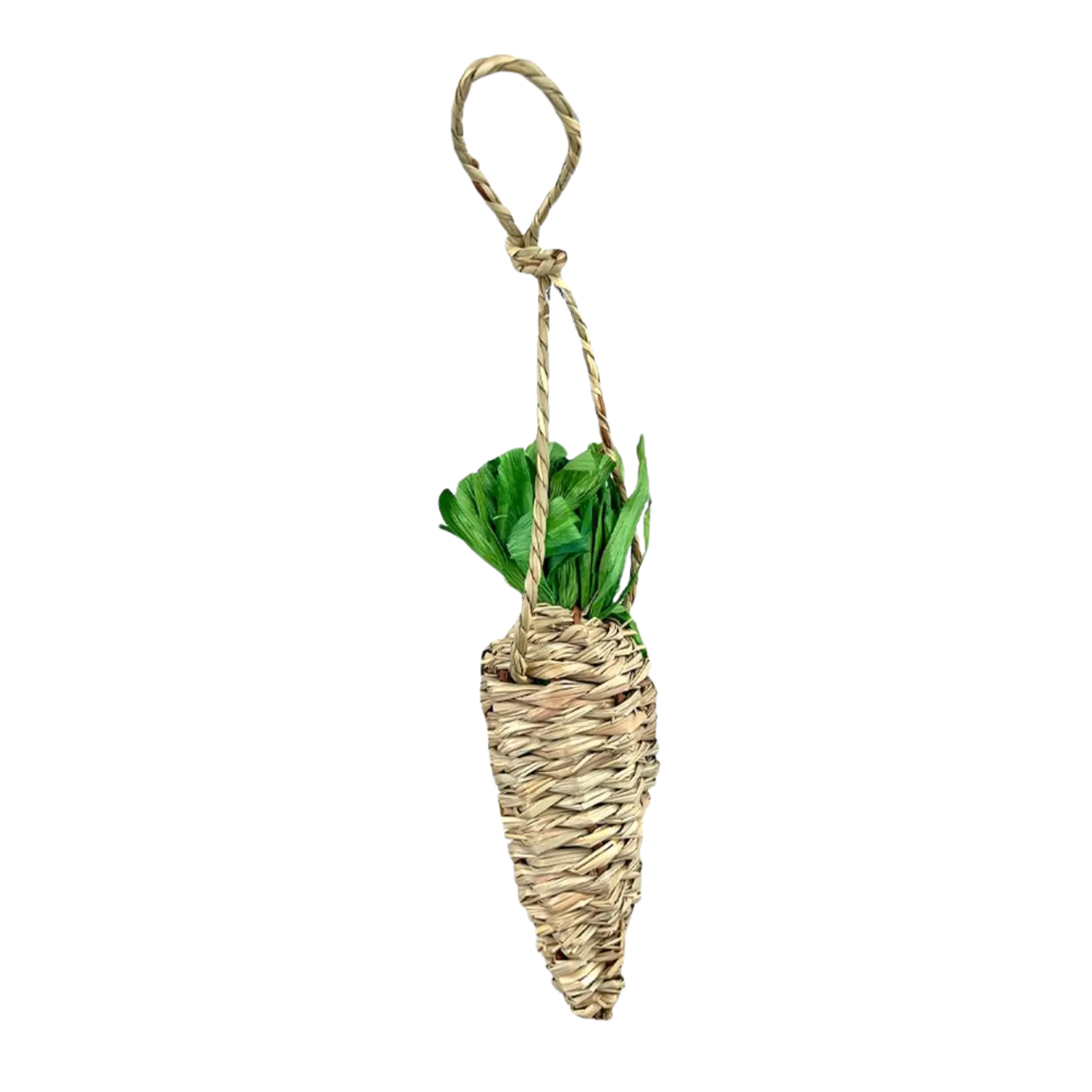 A woven natural-fiber hanging carrot toy with green leaf accents and a rope loop at the top, shown on a plain white background.