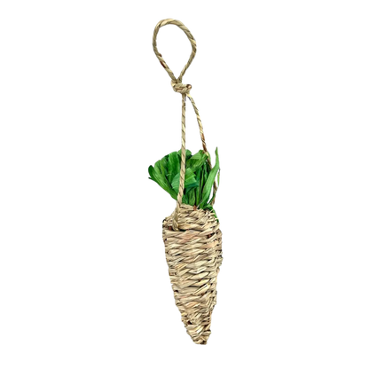 A woven natural-fiber hanging carrot toy with green leaf accents and a rope loop at the top, shown on a plain white background.