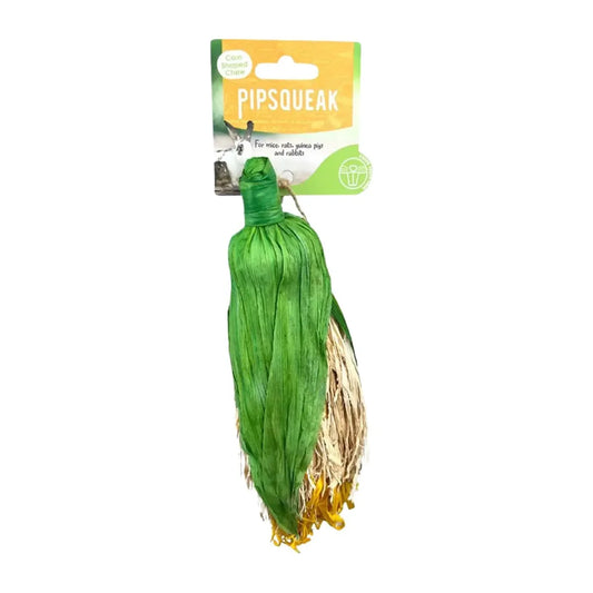 Pipsqueak corn-shaped small animal or bird toy in green and beige raffia with yellow tassel, hanging from its original packaging header card on a white background.