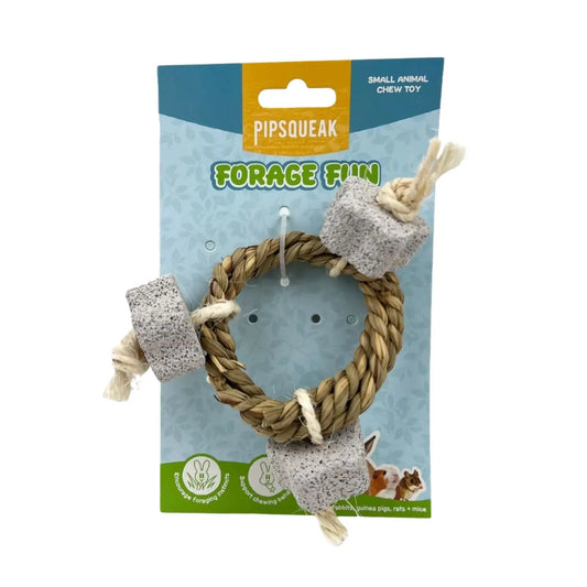 Pipsqueak Forage Fun small animal or bird chew toy in its original retail packaging, featuring a natural jute rope ring with three textured sisal rope ends.
