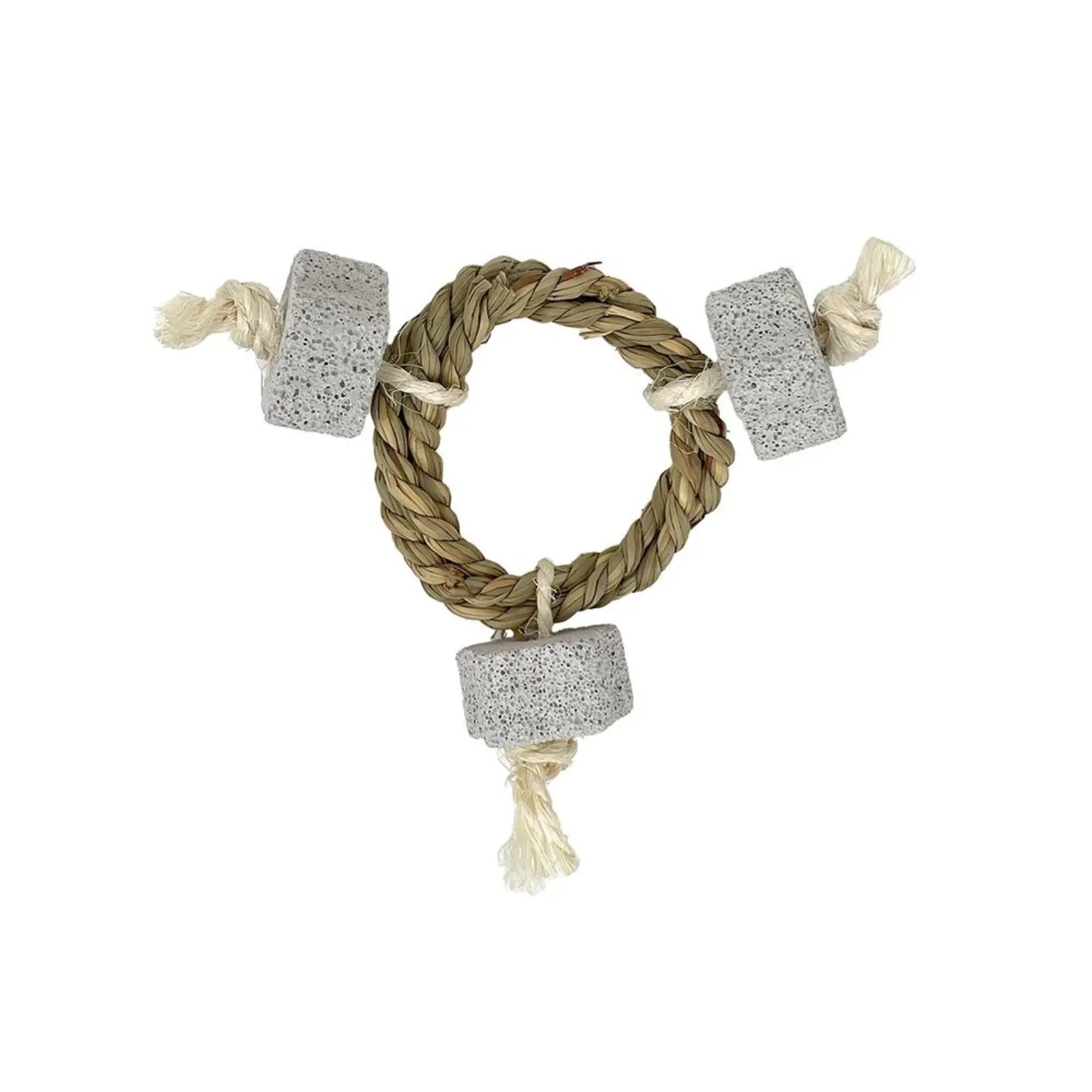 A natural fiber rope small animal or bird toy with three textured gray stone-like cubes and cream-colored rope ends, shown on a plain white background.