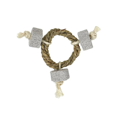 A natural fiber rope small animal or bird toy with three textured gray stone-like cubes and cream-colored rope ends, shown on a plain white background.