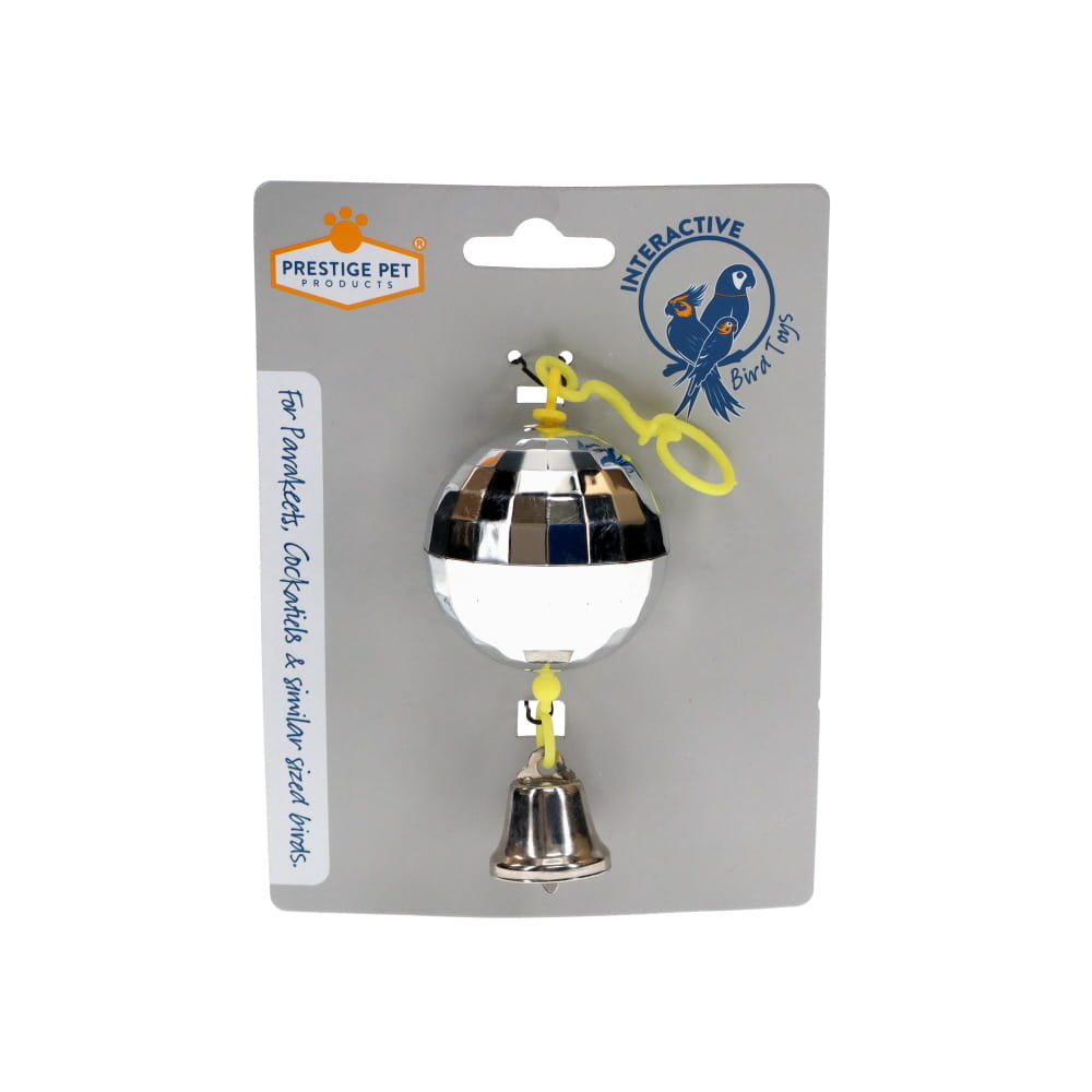 Prestige Pet Products interactive bird toy featuring a mirrored disco ball hanging from a silver bell with a yellow loop, packaged on a gray card.