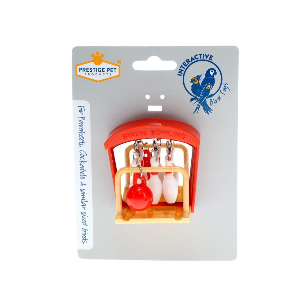 10 pin bowling Bird toy packaging with red and white components on a gray background