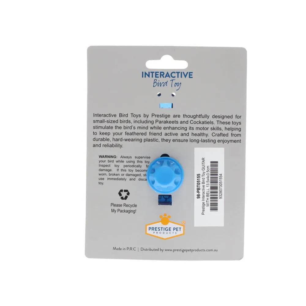 A blue plastic interactive bird toy attached to a gray retail backing card. The card includes product text, a barcode, and the Prestige Pet Australia logo at the bottom.