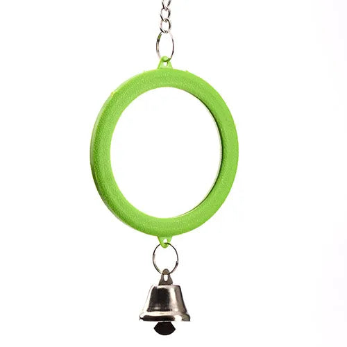Green circular bird mirror toy with a silver bell on a white background