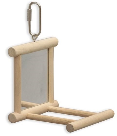 A wooden bird feeder with a natural light wood frame, a small mirror, and a silver metal carabiner clip at the top, shown on a plain white background.