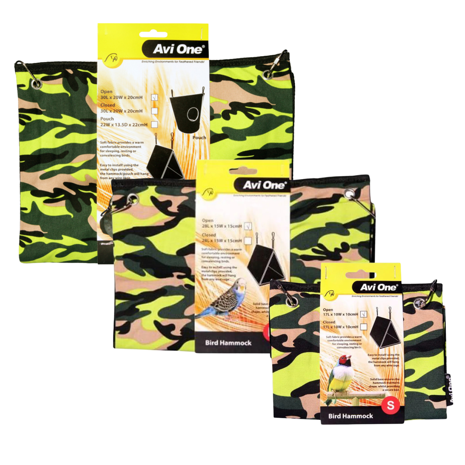 3 packaged Avii One Bird Hammock products in different sizes arranged on a white background, each showing the yellow retail header card and the camouflage-patterned hammock fabric.