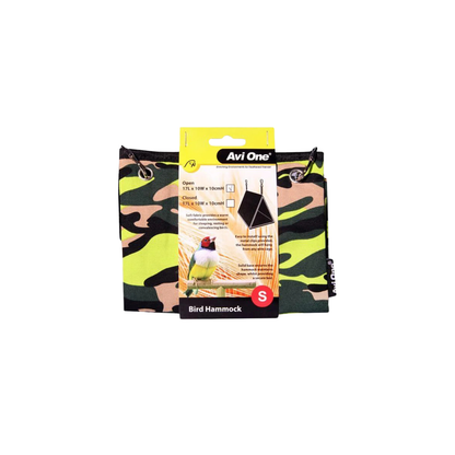 A camouflage-patterned bird hammock by Avi One, shown with its retail packaging card on a plain white background.